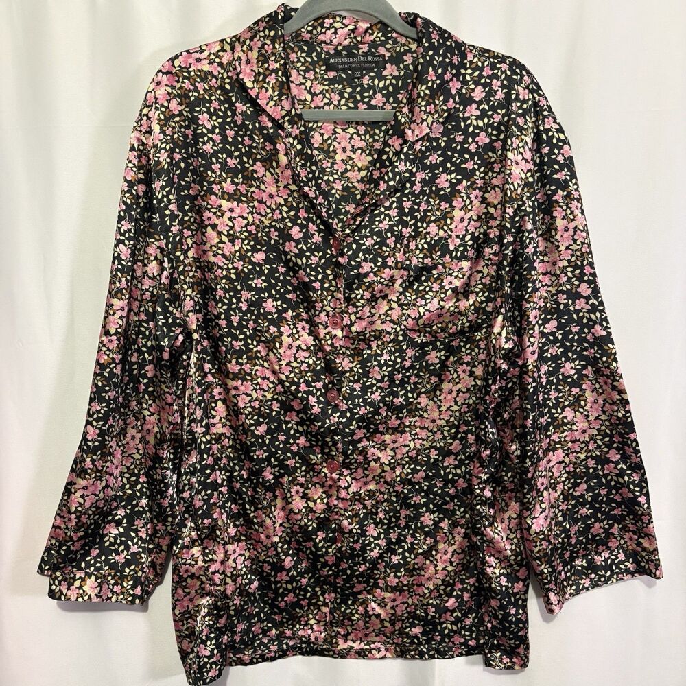 Alexander Del Rossa Palm Coast Florida Womans Satin Sleep Shirt 2X Black Floral